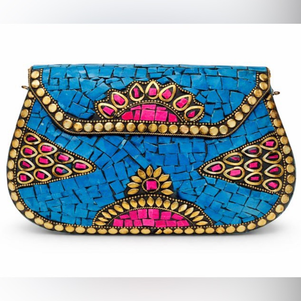 RAMLA Blue Mosaic Clutch Handmade‎ Evening Bag Gold Chain Purse